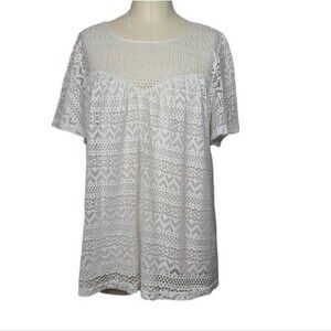 City Chic White Lace Keyhole Short Sleeve Lined Shirt Women's 16